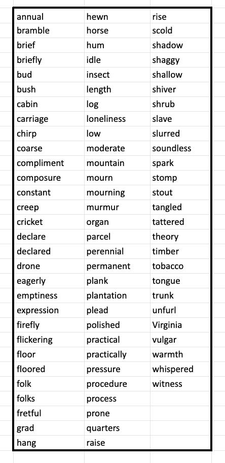 Underground to Canada - Vocabulary word list